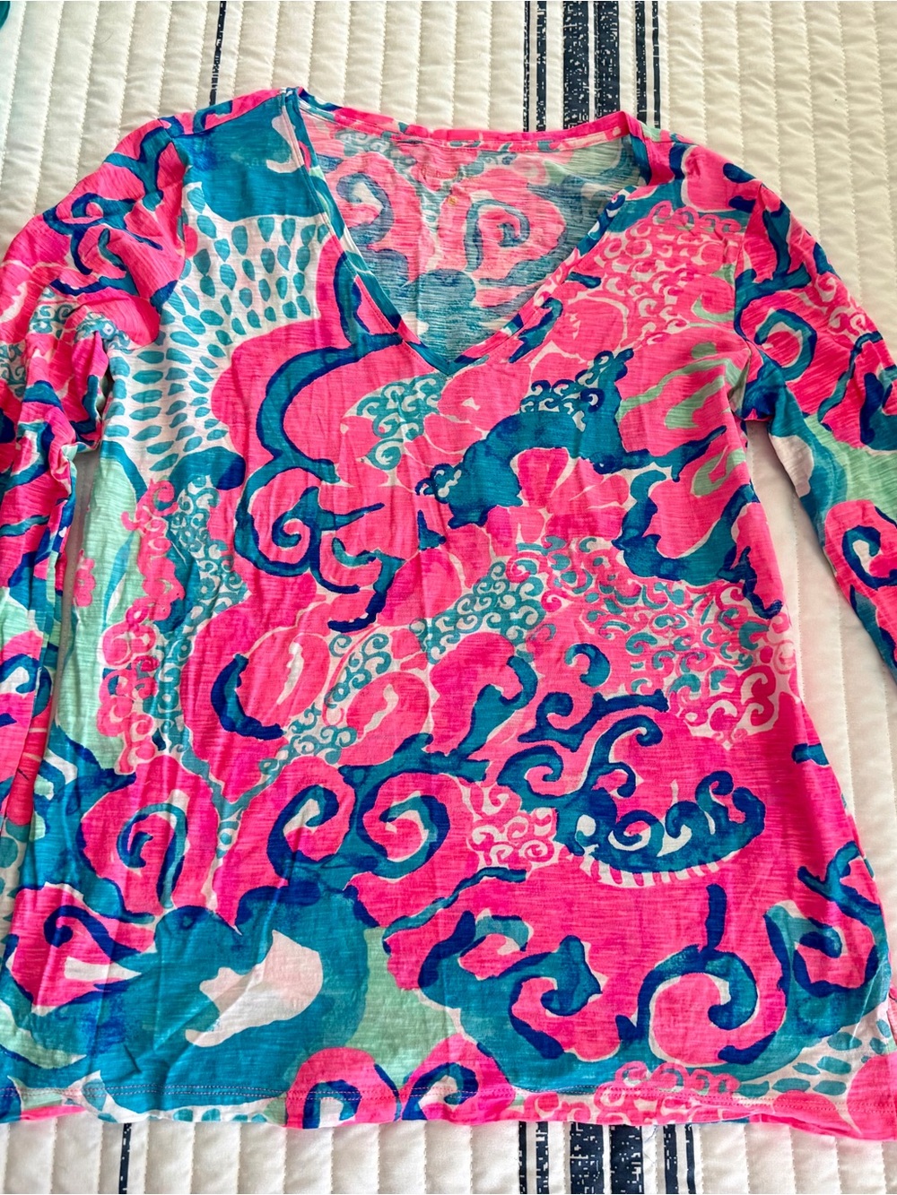 Lilly Pulitzer Pink & Blue Printed Long Sleeve V-Neck Top
